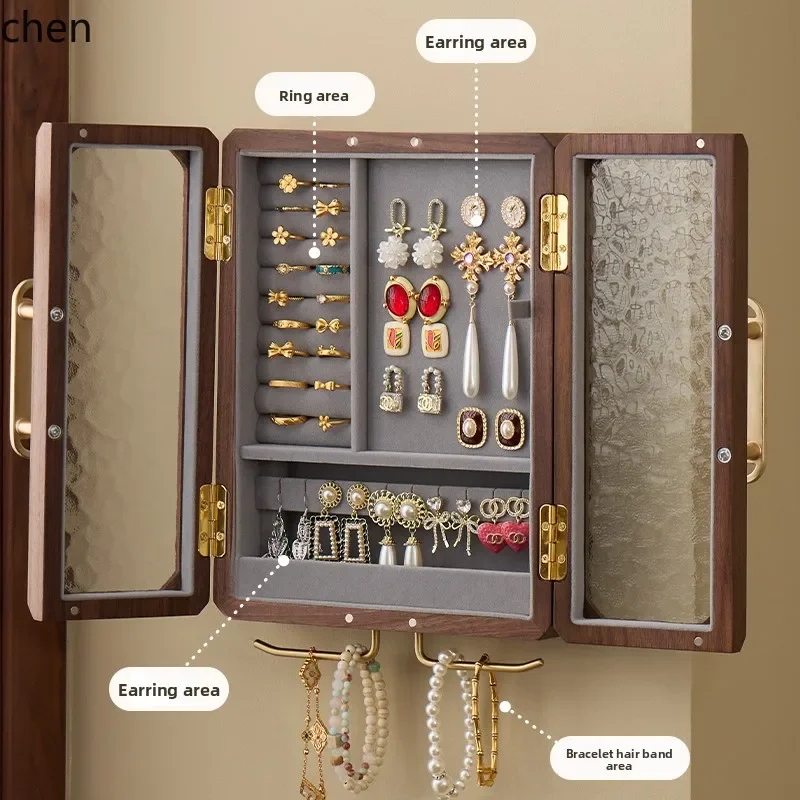 DSA solid wood wall-mounted jewelry storage box, bathroom nail-free wall jewelry display stand, high-end hand jewelry box.