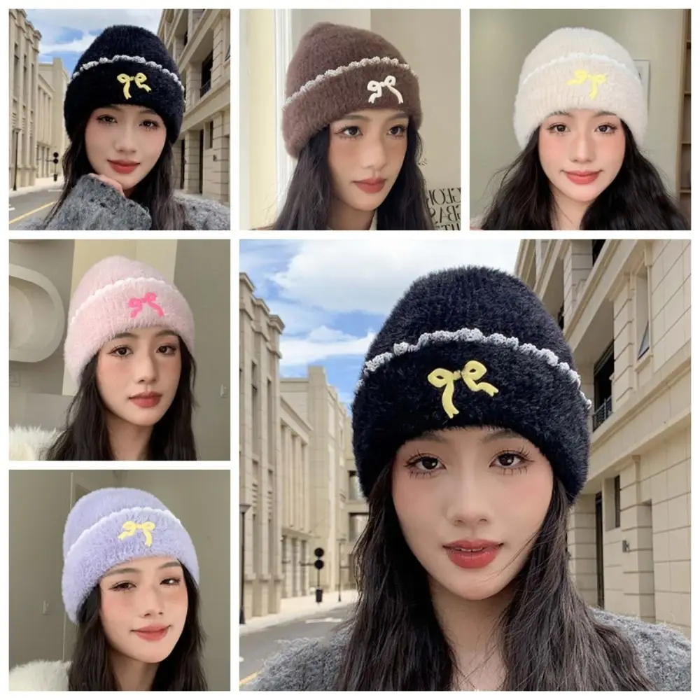 Casual Solid Color Bow Beanies Keep Warm Lace Edge Knitted Pullover Hat Wool Bowknot Ear Protection Cap Autumn/Winter