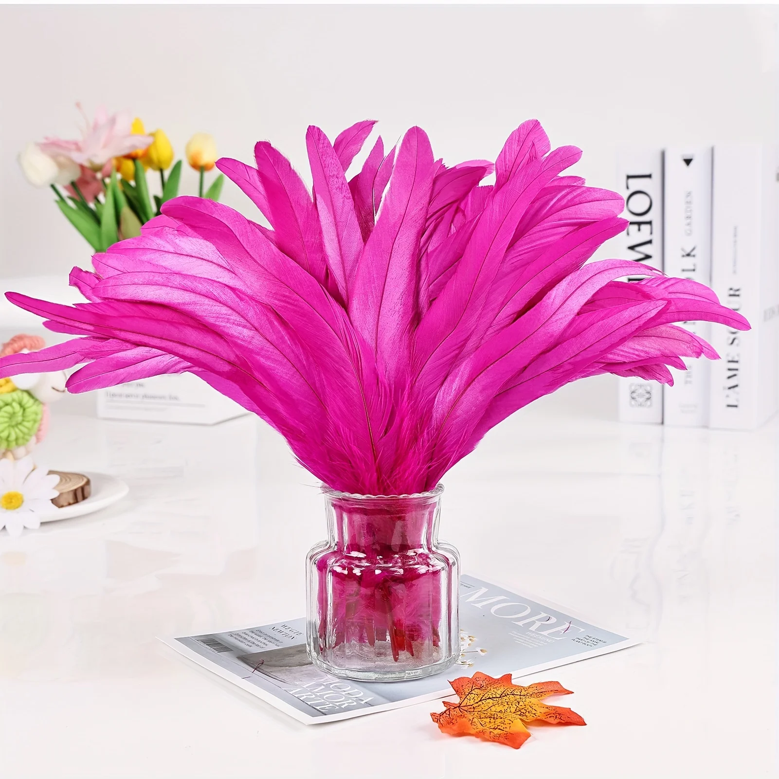 ขนไก่หางสีแดงกุหลาบ 50 ชิ้น ขนาด 25-45 ซม. ขนธรรมชาติสำหรับงาน DIY ตกแต่งงานปาร์ตี้ อุปกรณ์เสริมราคาถูก