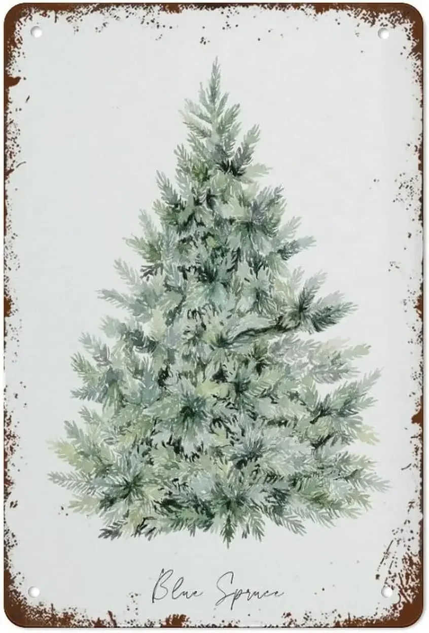 Retro Metallschild Vintage Blechschild Blaue Fichte Winter Bäume Drucken Bauernhaus Winterschild Evergreen Weihnachten Wandkunst Plakette Re