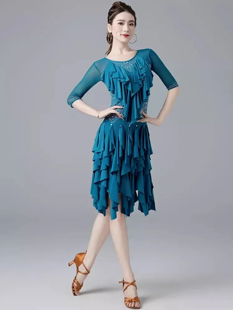 Gilr Salsa Samba Sling Stretchy Dress Half Sleeves Fringes Competition Costume Set Women One-Piece Latin Dance Dresses