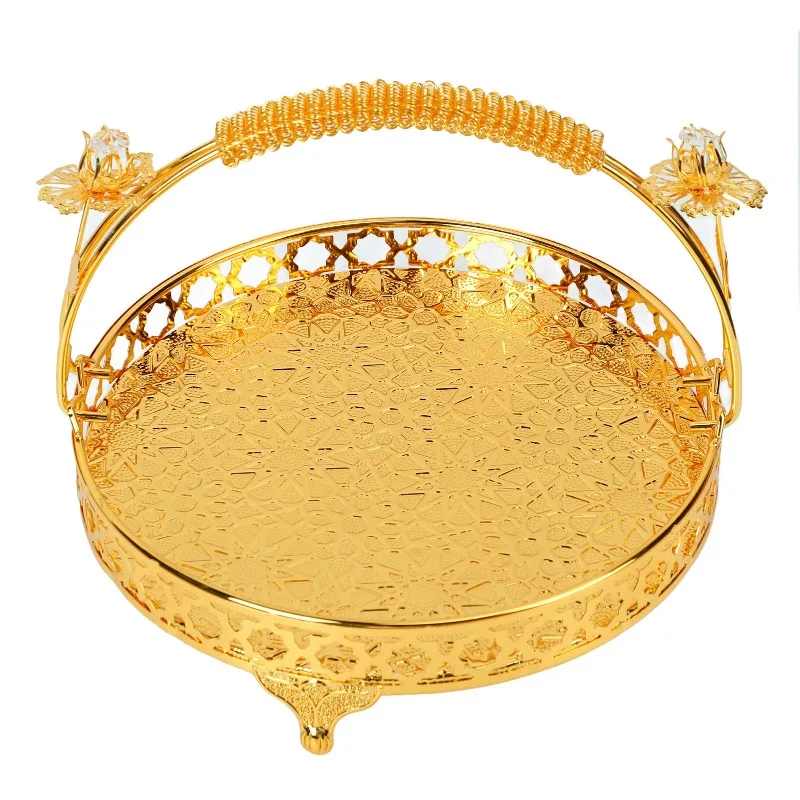 

Fruit Tray Retro Style Round Large Capacity Handle Design Decorative Strong Alloy Fruit Bowl for Party Family Bar Cafe Gold Color Meduim Size