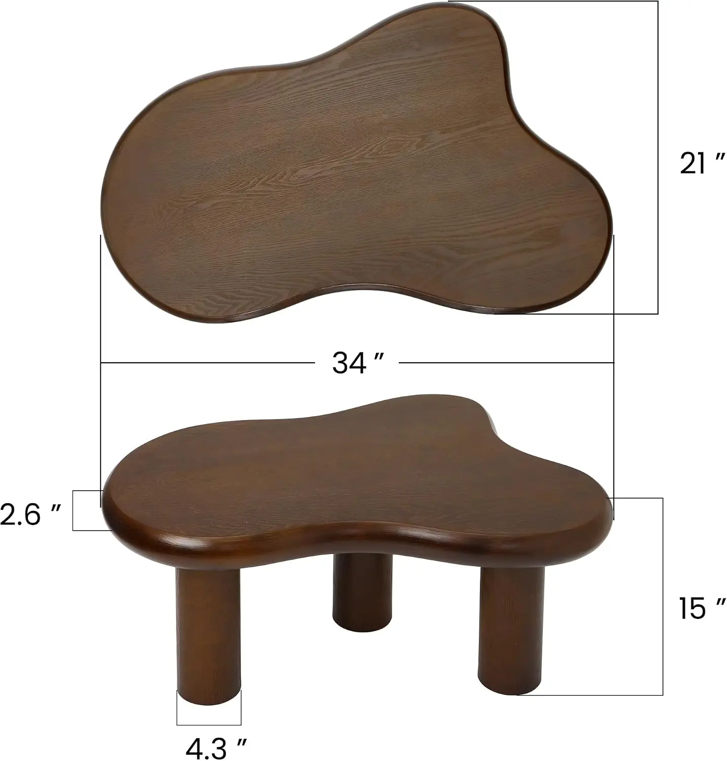Modern Cloud Shaped Wood Coffee Table Accent Living Room Center Table Low Profile Tea Table With 3 Sturdy Legs For Balcony Bedroom Small Space Walnut