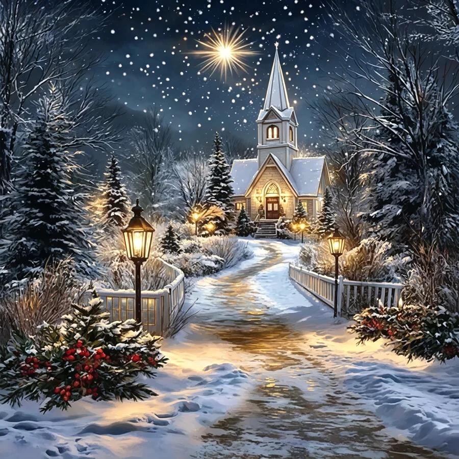 5D DIY Diamond Painting Kit Winter Snow Church Night Scene Full Round Square Drill Handmade Wall Art Home Decor Gift