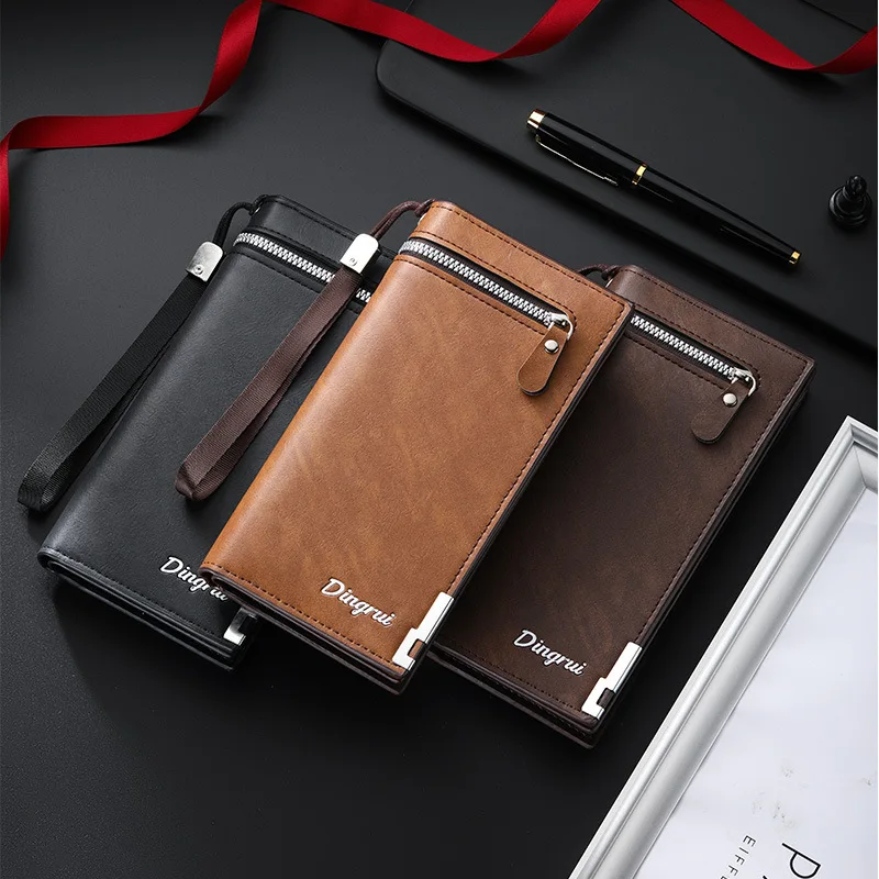

PU leather patchwork men's long-style wallet with large capacity, zipper closure, for mobile phone storage, business handbag