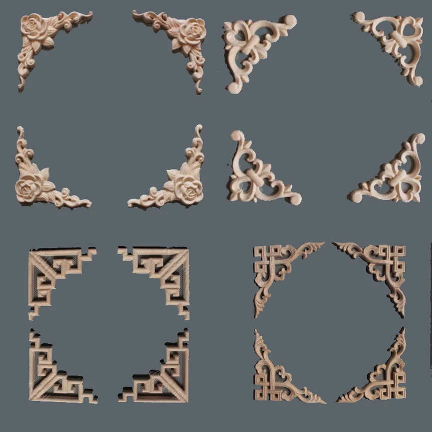 10PCS Natural Wood Appliques Irregular Flower Wood Carving Decals Decorative Wooden Mouldings for Cabinet Door Furniture Decor