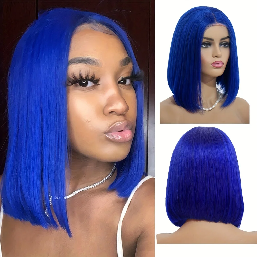 

short straight bob human hair wig 10inch daily party use wig 13X4 frontal lace remy hair green/purple/blue color 150% density