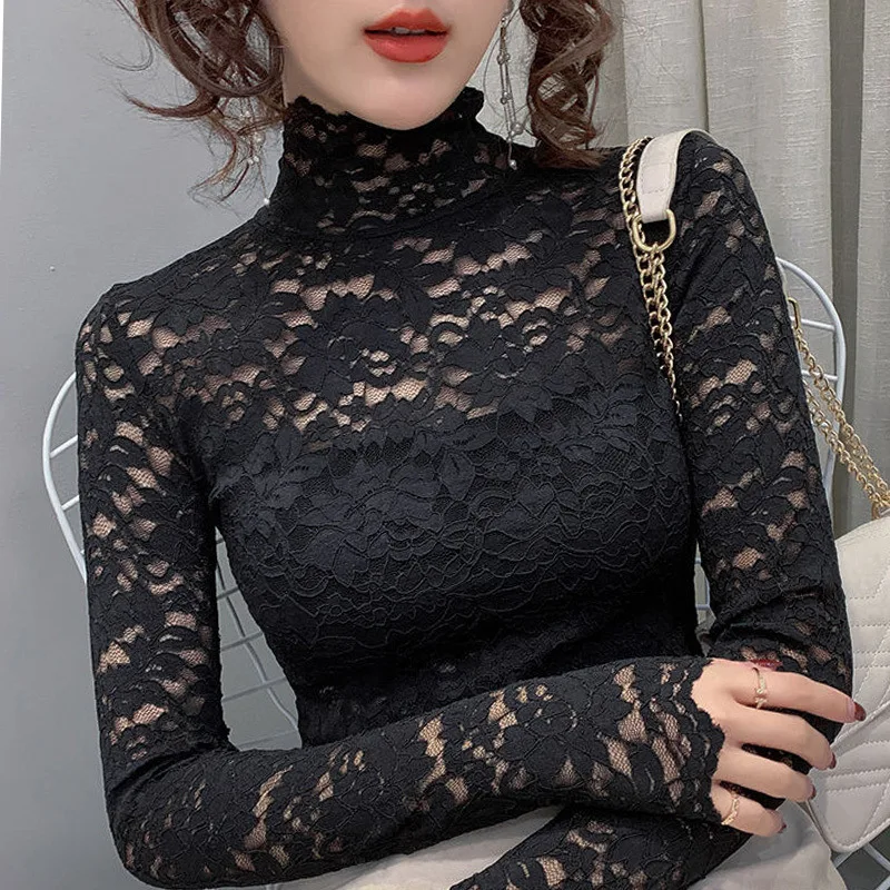 2024 Women’s Lace Mesh Top Long Sleeve Half High Neck Hollow Design for Stage Performance and Dancewear