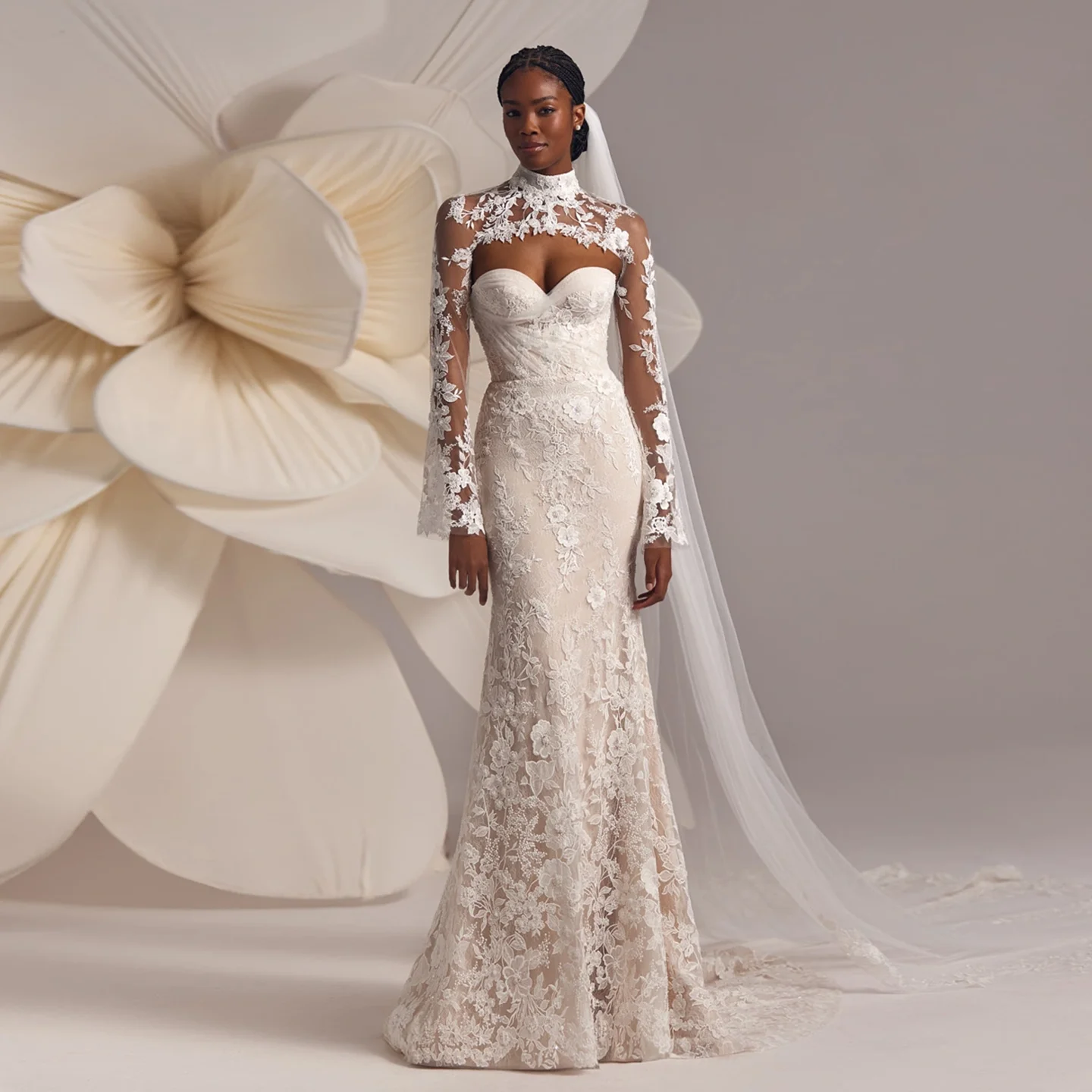 

Sharon Said Sexy Mermaid High Neck Off White Lace Wedding Dress 2025 With Detachable Jacket Princess Bride Gown SW239 Customized