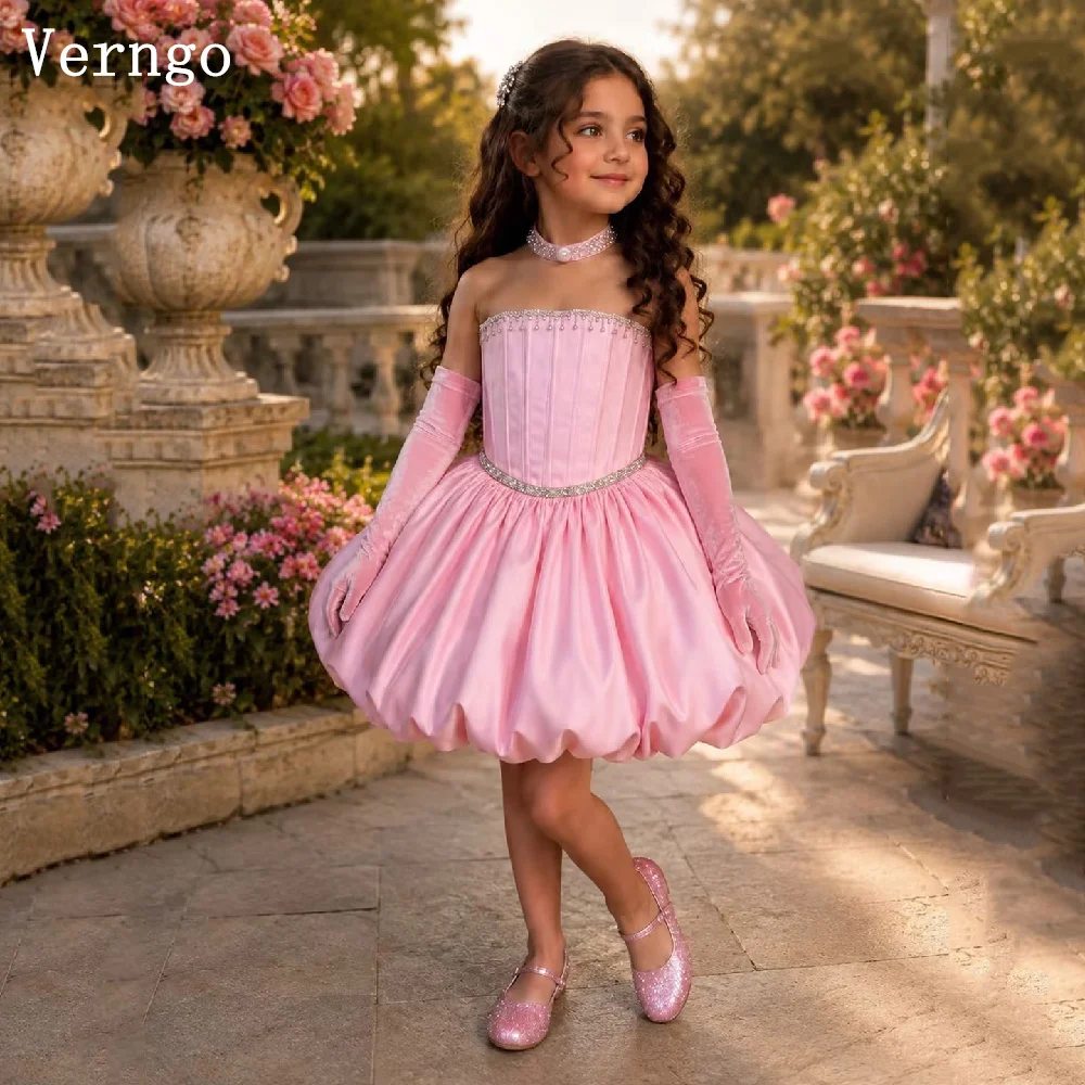 Verngo Rosa/Blau Satin Mini-Mädchenkleid mit Blumen, Trägerloses A-Linien-Kleid für Kindergeburtstagsfeiern, Paillettenbesetztes Ballkleid, Maßanfertigung