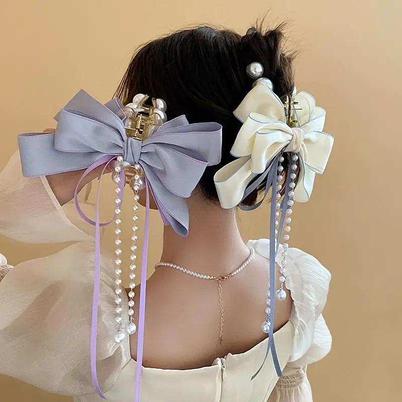 Elegant Bow Ribbon Hairpin for Women Long Tassels Fashions Pearl Bowknot ponytail clip Retro Headband Girls Hair Accessories