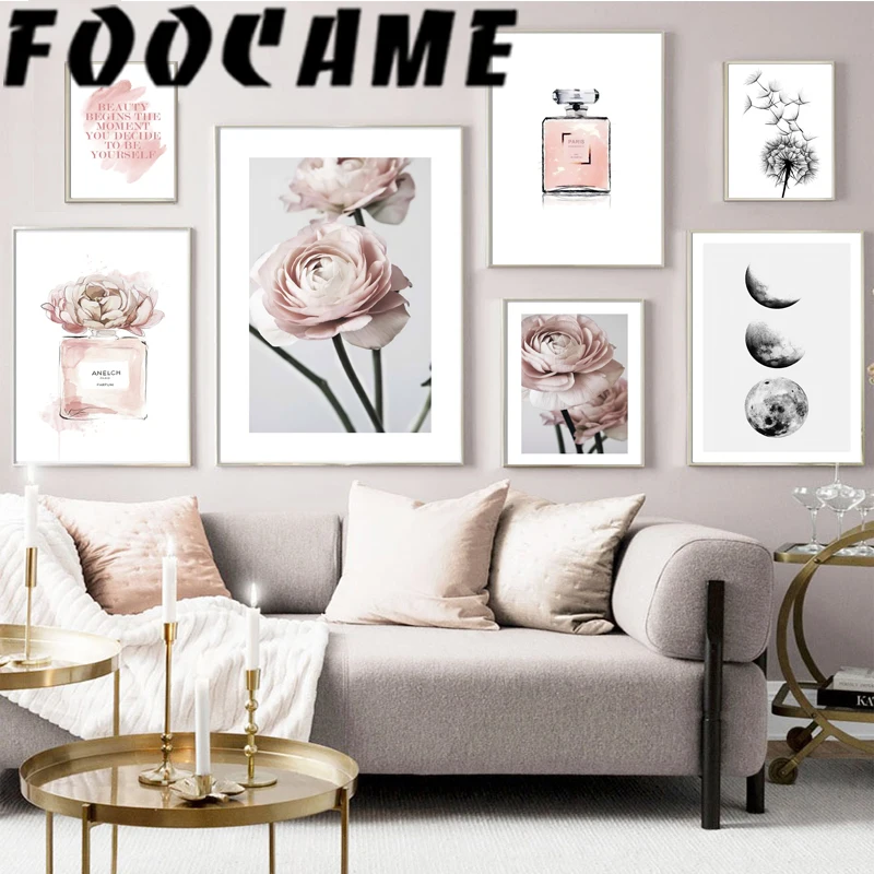 Moon Dandelion Pink Flower Art Perfume Bottle Canvas Painting Scandinavian Wall Poster Print Decor Home Picture for Elegant Room