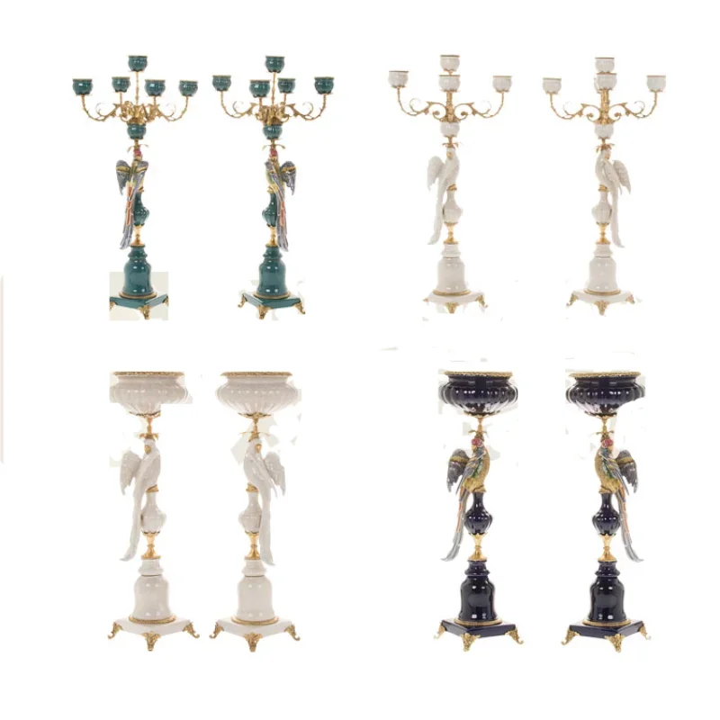 American dining table home decoration ornaments, ceramic inlaid copper candlestick handicrafts