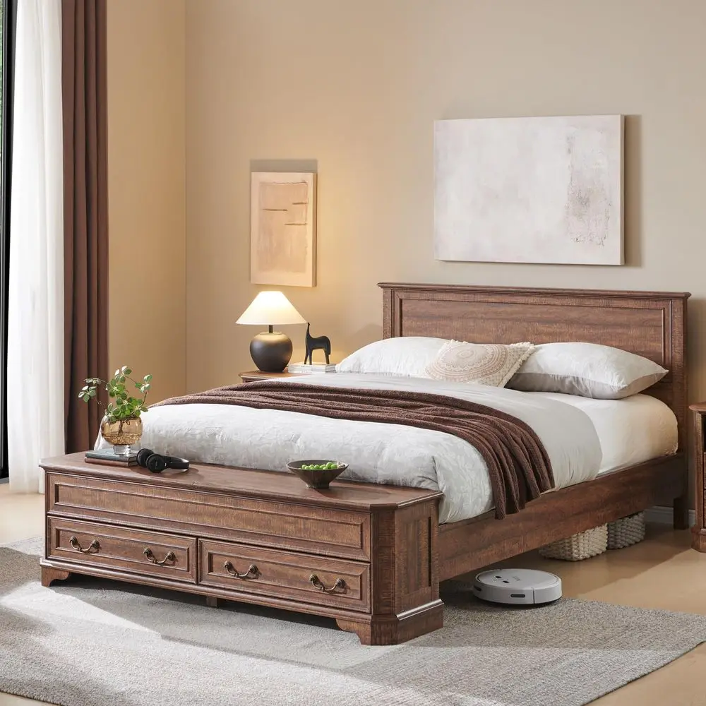 

Farmhouse Queen Bed with Headboard and Storage Bench, Rustic Wood Platform Bed with 64 Storage Chest w 4 Large Drawer, Dark Bro