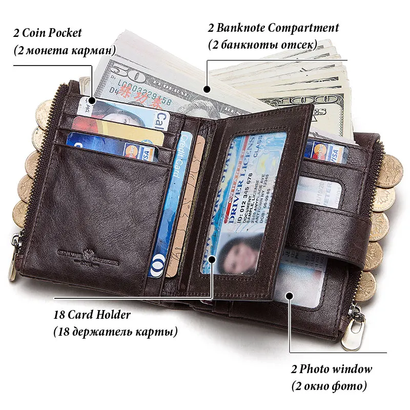 KAVIS Wallet for Men Top Layer Leather RFID Credit Card Holder Purse Anti-theft Chain Bilker Money Bags Male Slim Carteiras