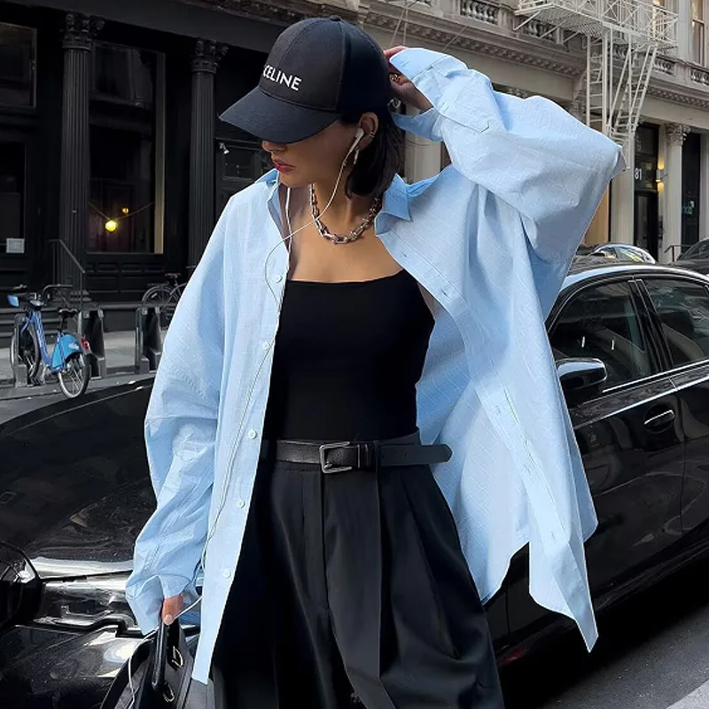 HXAO Camicie e camicette da donna Primavera Estate 2025 Camicia oversize blu con bottoni Camicette a maniche lunghe Camicie casual chic