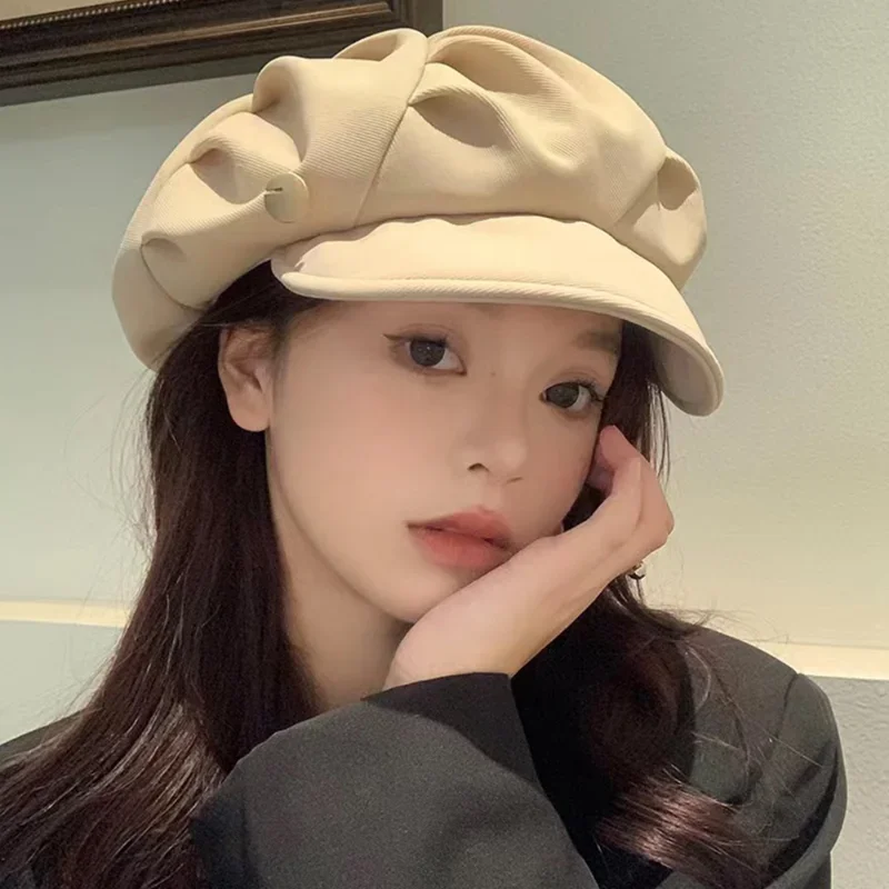 Vintage Cotton Beret Hat Autumn Winter Solid Color Pleated Berets Hats Octagonal Cap Soft Beret for Women Beret Painter Caps