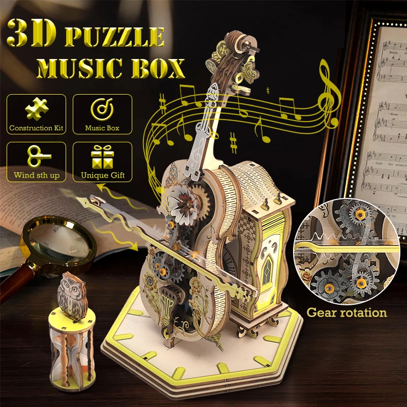 3D Wooden Puzzles Magic Cello Mechanical Music Box Moveable Stem Music Box Block Set Funny Creative Toys For Child Birthday Gift