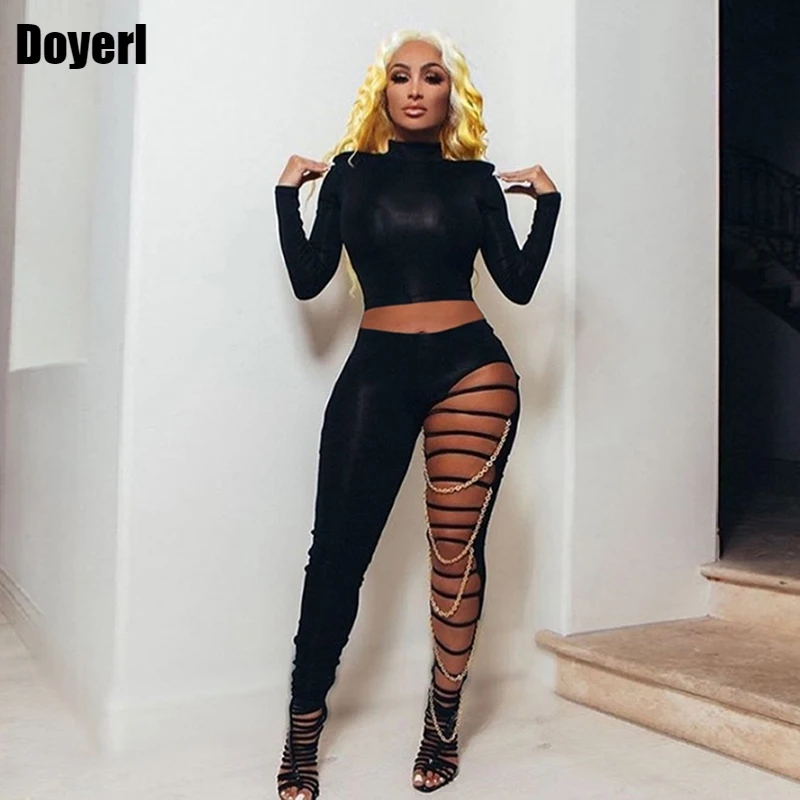 Black Sexy 2 Piece Set Women Clothing Sets Fall Crop Top and Hollow Out Pants Suit Club Birthday Outfits for Women Matching Sets