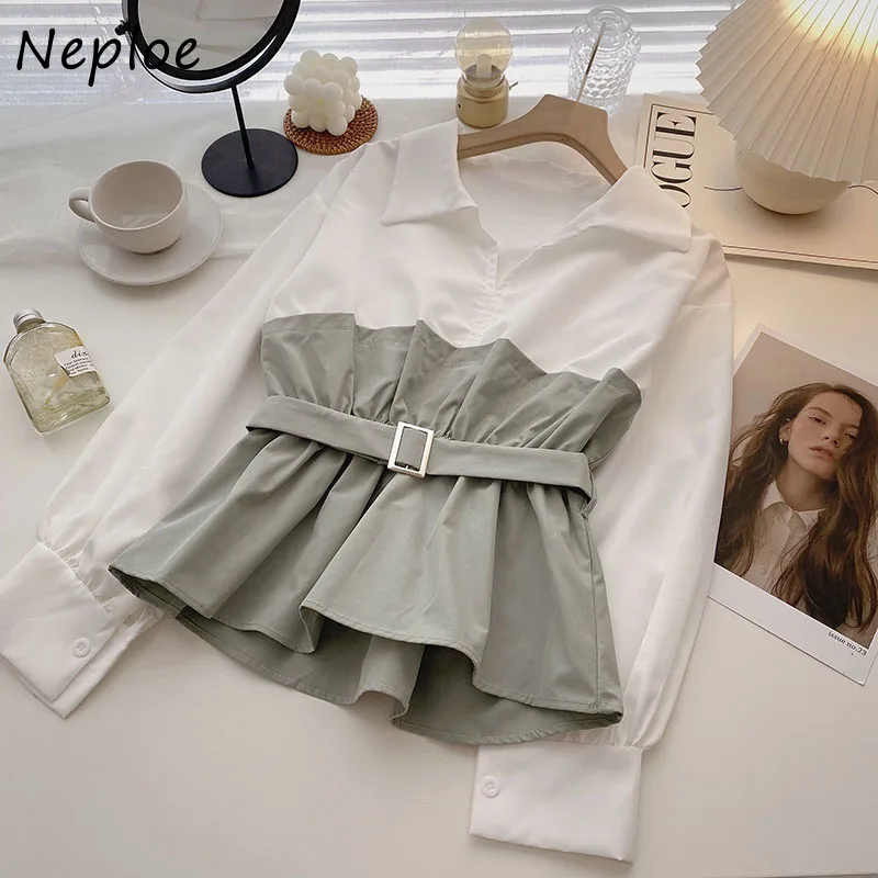 Neploe Elegant Temperament Autumn Shirt Women 2024 New Korean Style Long-sleeve Blouses Woman Belt Slim Waist Blusas Female