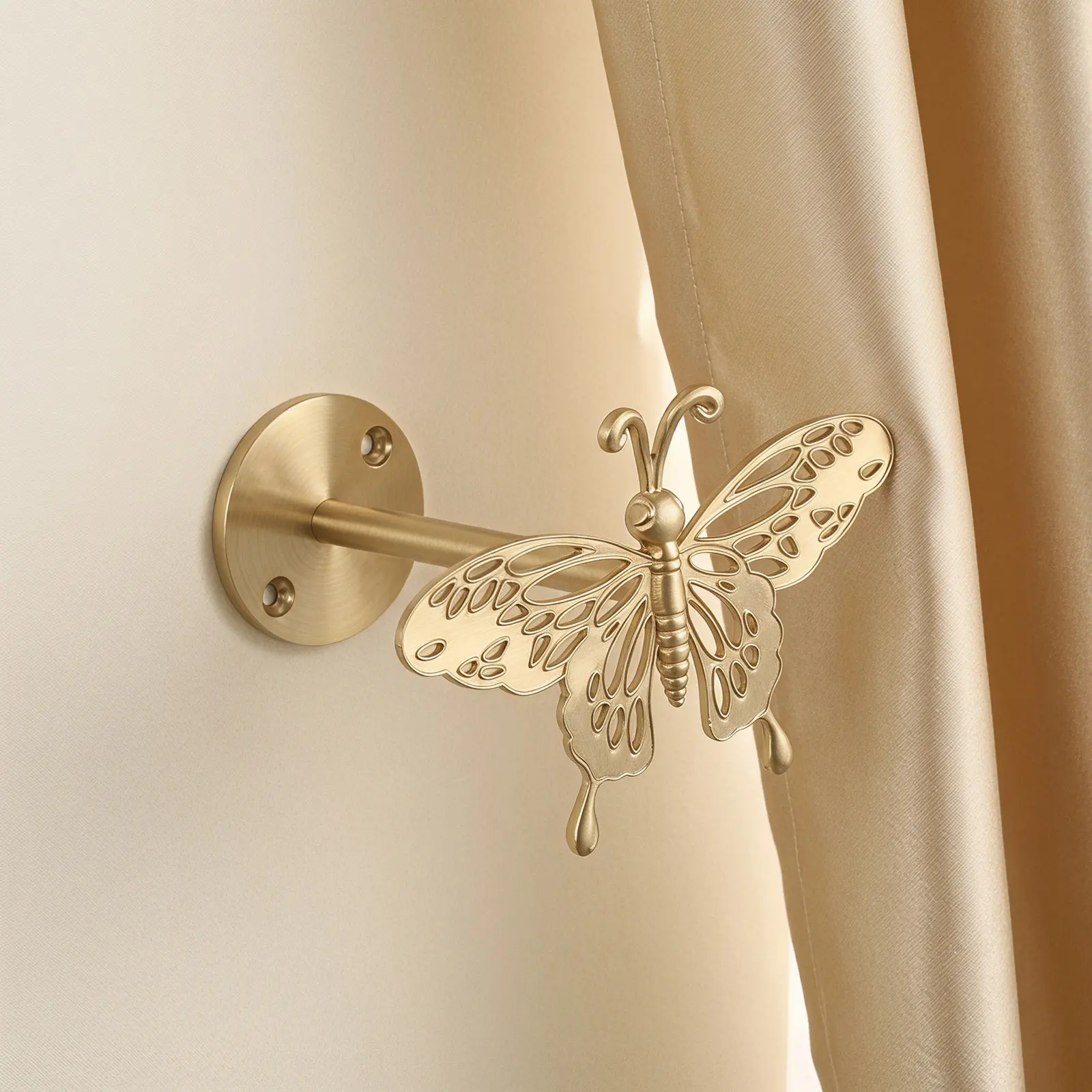 Butterfly Curtain Holdbacks Wall Mount Drapery Hooks 2 Inch Base Brushed Gold Curtain Tiebacks Decorative Holdbacks for Window