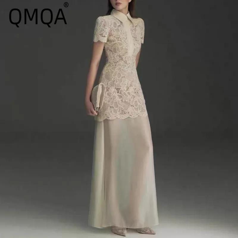 QMQA Fashion Women's Designer Elegant Dresses Lapel Spliced Hollow Out Embroidery Short Sleeve Patchwork Mesh Hem Dress QM1140
