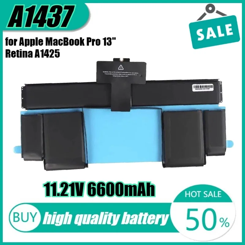 

11.21V 74Wh 6600mAh A1437 Laptop Battery for Apple MacBook Pro 13" Retina A1425 2012 020-7851-A