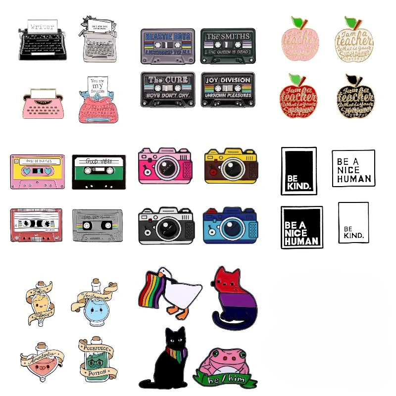 4pcs/set Enamel Pins for Backpack Typewriter Audio Tape Mood Potion Brooches Badges Fashion Pin Jewelry Gifts Friends Wholesale