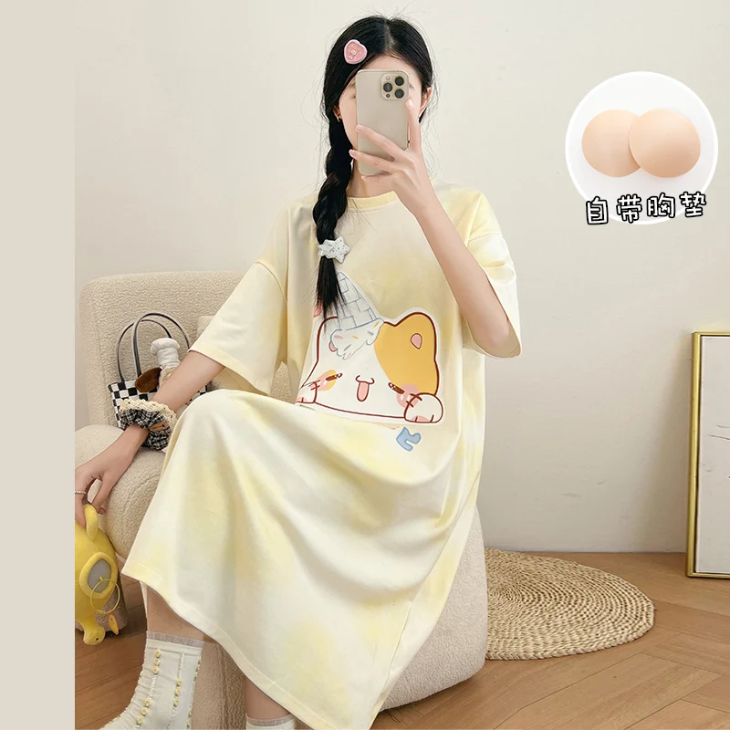 Summer Nightdress Pajamas Sleepwear Ladies Nightgown Cute Short-Sleeved Nightgowns Cartoon Large Size College Style Nightgow 잠옷