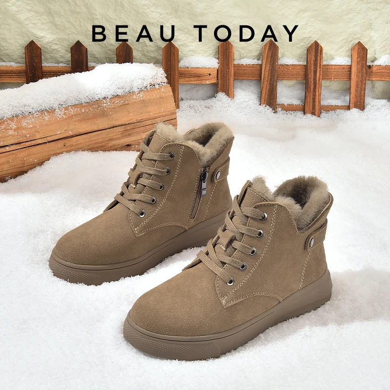 

BEAUTODAY Ankle Boots Women Cow Suede Cross Tied Design Side Zipper Round Toe Winter Warm Wool Ladies Shoes Handmade 08223