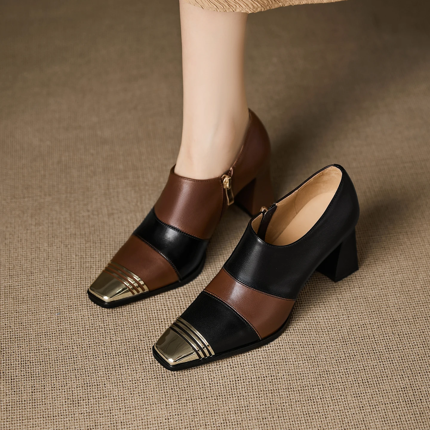 2026 new summer women sandals natural leather 22-25cm cowhide+pigskin square toe mixed color high heel women shoes fashion