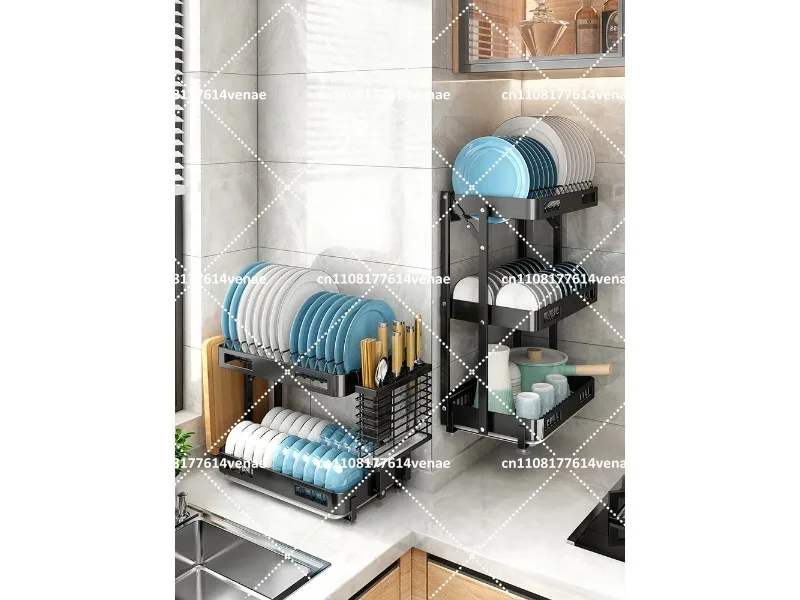 Foldable Kitchen Dish Rack Wall Mounted Punch-Free Storage Box for Plates Chopsticks view 3