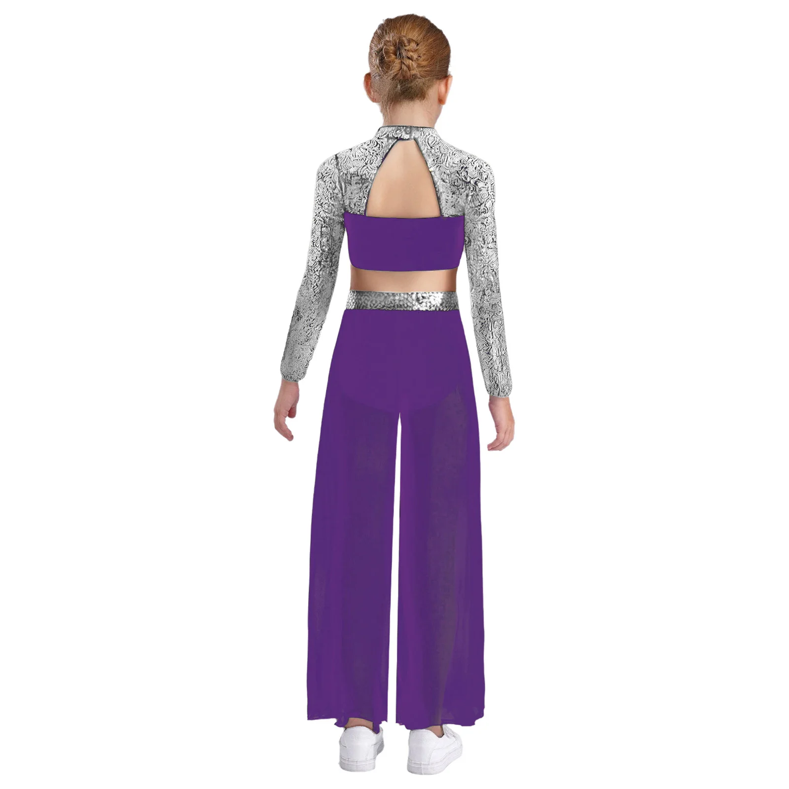 สาวเต้นรําละตินเครื่องแต่งกาย Mock คอแขนยาว Cutout กลับกดปุ่ม Crop Top กว้างขาด้านข้าง Slit กางเกงเต้นรํา