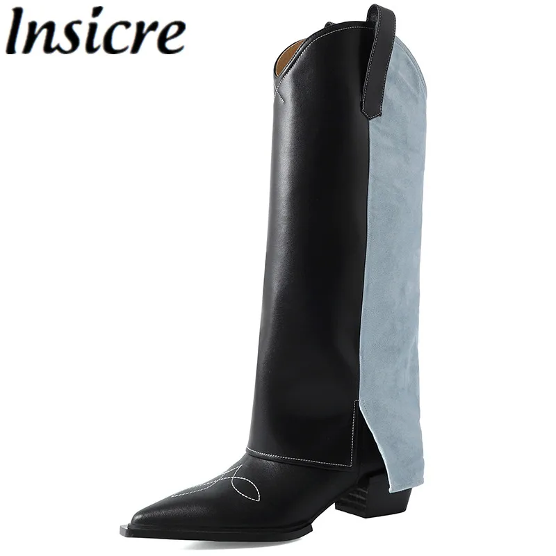 

Insicre Women Knee High Boots Pointed Toe Patchwork Thick Mid Heels 2022 Fashion Cow Split Leather Winter Shoes