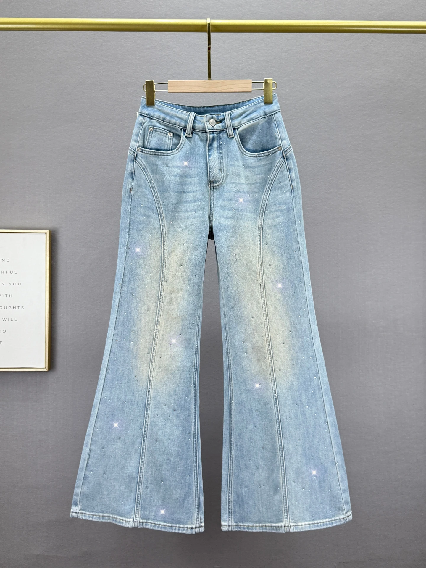 

Женские джинсы с высокой талией, расклешенные, весенние, новые, свободные, стройнящие, в стиле INS, гонконгский стиль, широкие брюки, длинные брюки, джинсы с стразами, повседневная одежда