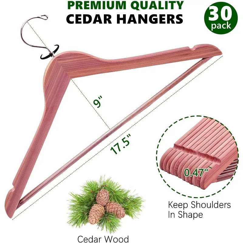 30 Pack American Red Cedar Hangers, Smooth Finish Wood Coat Hangers for Suit Shirt, Aromatic Cedar Clothes Hangers with Swivel