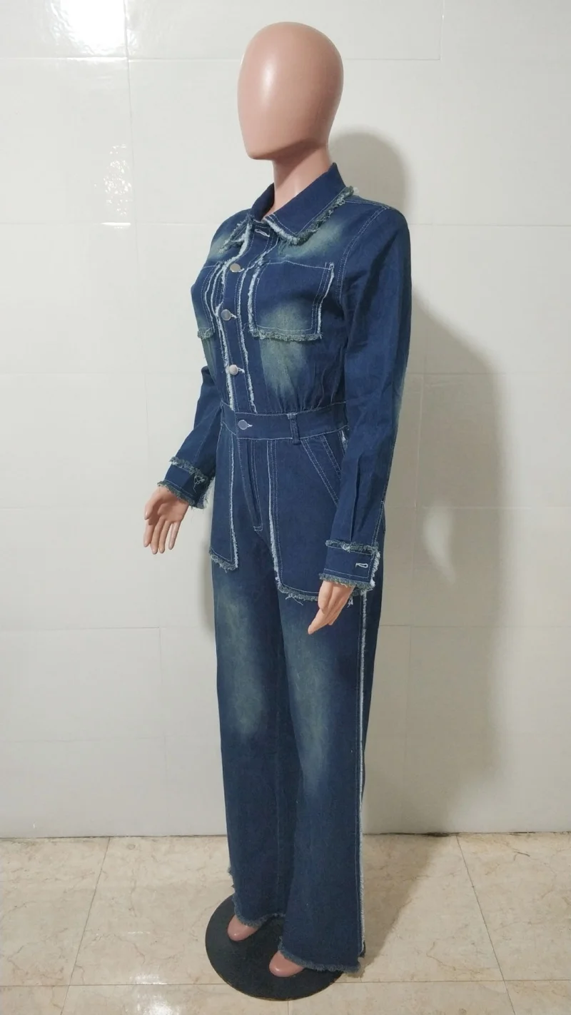 Mode Denim combinaisons printemps vêtements femmes à manches longues grandes poches jean droit barboteuses combishorts une pièce tenue salopette