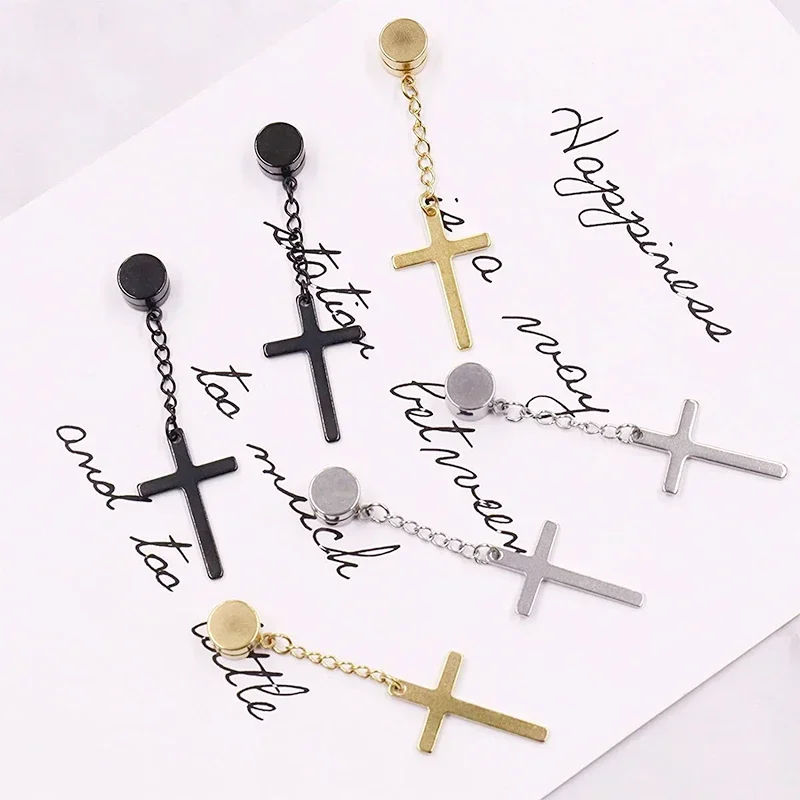 2pc Punk Mens Strong Magnet Magnetic Cross Ear Stud Set Non Piercing Earrings Fake Earrings Gift for Boyfriend Lover Jewelry view 2