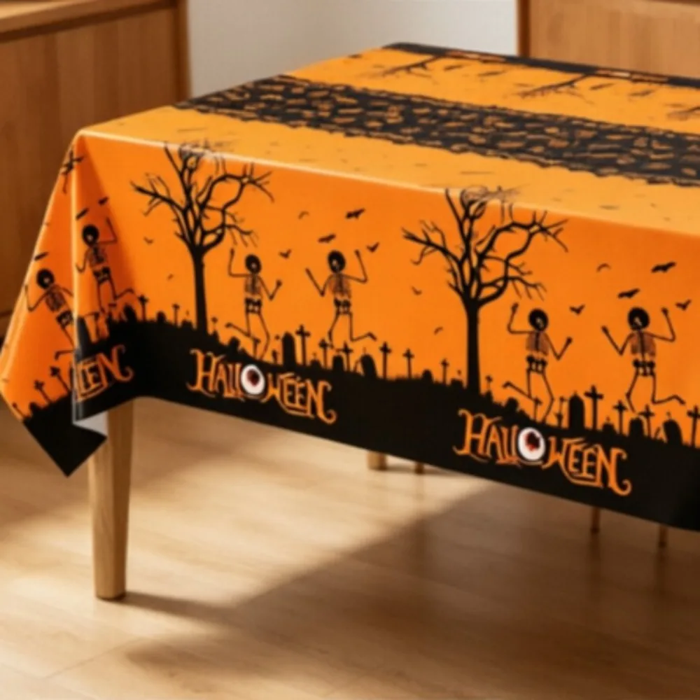 1Pc Waterproof Disposable Aluminum Foil Halloween Tablecloth 54×72/54×108‘’ Black Orange Pumpkin Witch Hat Party Table Decor
