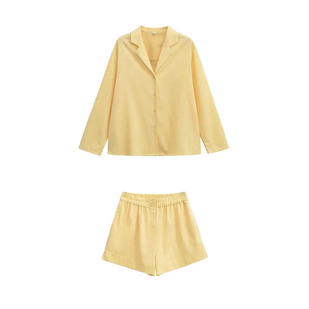 الربيع والخريف نمط أزياء المرأة الجديدة قميص كتان فضفاض وشورت غير رسمي منتصف الخصر
