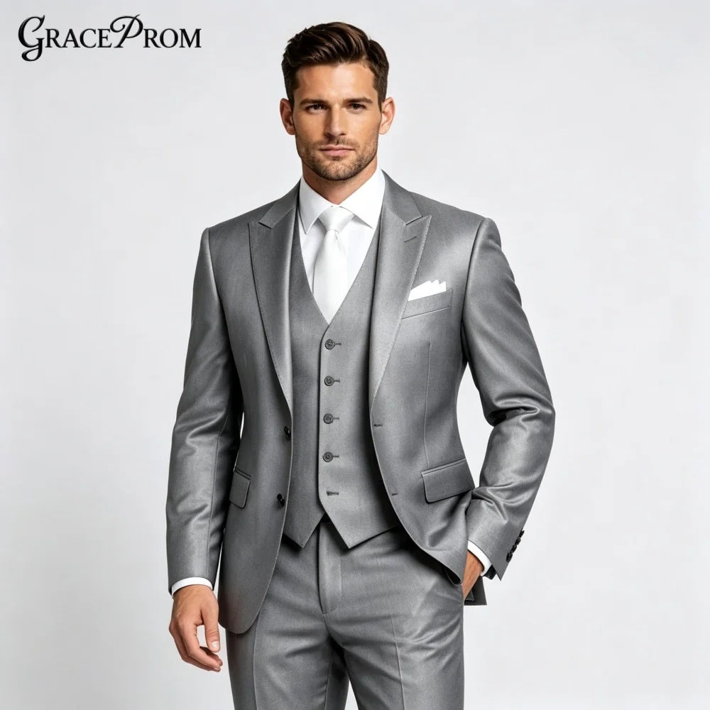 Luxury Silver Grey 3PCS Men Tuxedo Single Breasted Set 2027 Notched Slim Fit Groom Suit For Banquet Formal Event Made to Measure