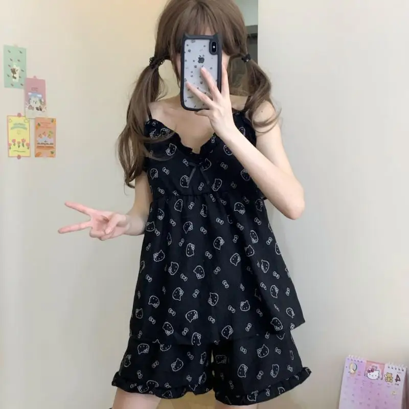 

2Pcs Sanrio Kawaii Pajamas Hello Kittys Suit Summer Suspenders New Style Comfortable Breathable Fashion Cartoon Gift Girlfriend