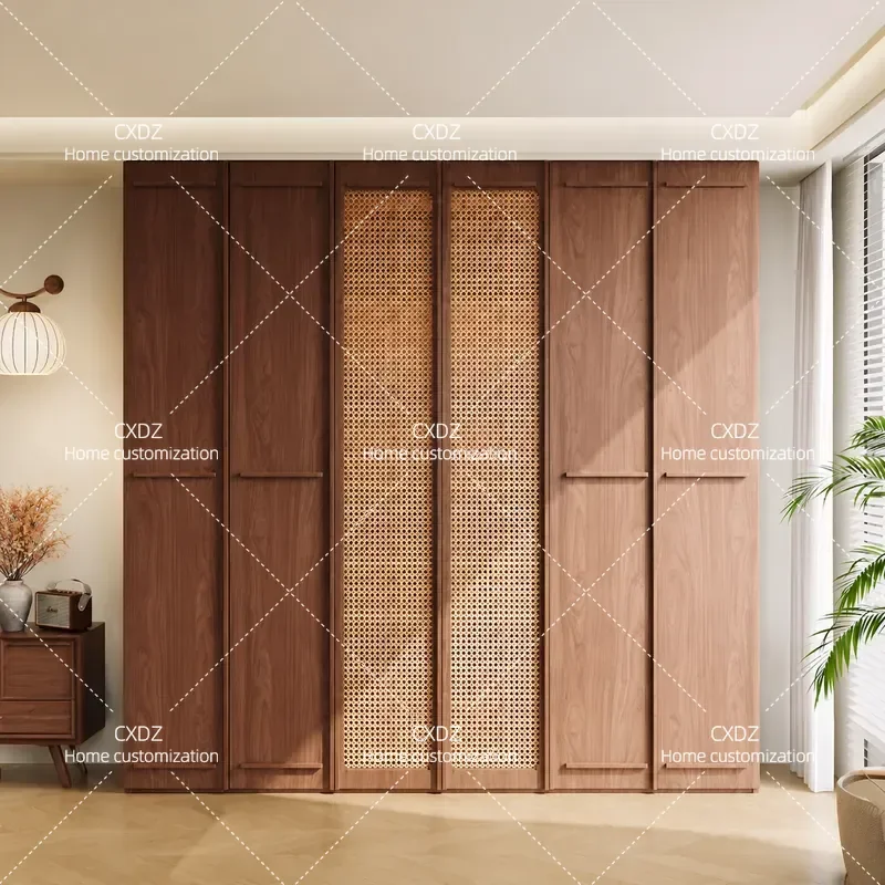 FAS Grade Walnut Wardrobe Solid Wood Handle Rattan Door Cabinet Bedroom Home Combination Finished Product Storage Wardrobe