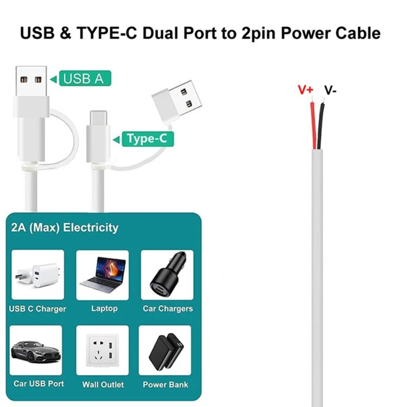 USB Type C Male Pigtail Cable Extension Power Cable 5V 2A USB C Socket to 2Pin Bare Wire Open End Connector DIY Cable 96BA