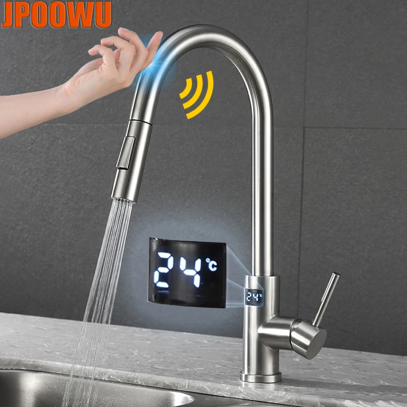 

Digital Touch Faucet Kitchen Sink Smart LED Tap Deck Mount Hot Cold Mixer Crane Retractable Pull Down Stainless Steel Torneiras