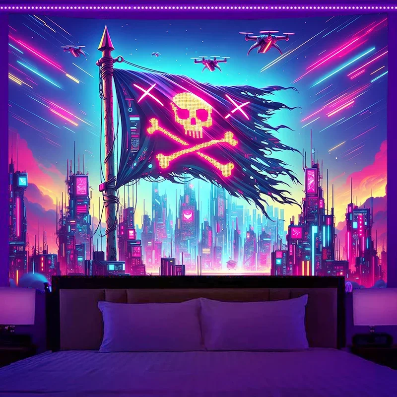 Fluorescent Wall Hanging Dream City Block Racing Pyramid Starry Sky Tapestry Bedroom Room Aesthetic Decorative Background Cloth