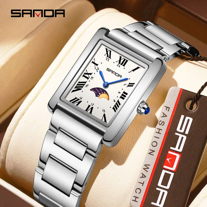 

Новые ретро-часы SANDA 2026 с квадратным корпусом и фазами Луны, кварцевые, деловые, с прочным стальным ремешком, устойчивые к царапинам, водонепроницаемые, тонкие, люксовые