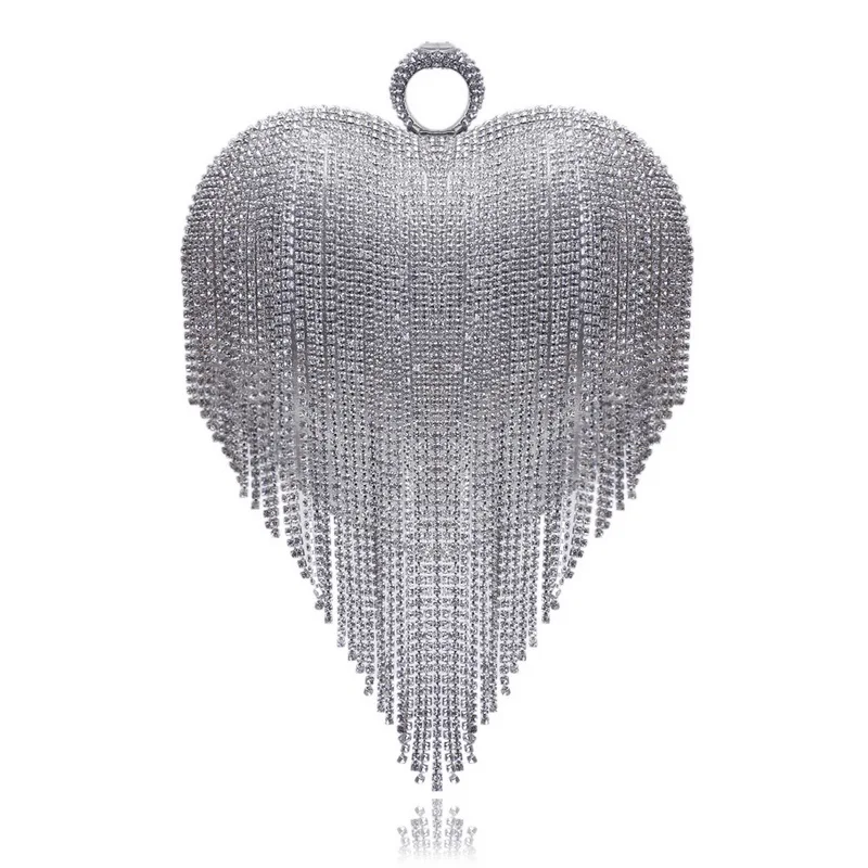 Tassel Women Evening Bags Diamonds Heart Design Fashion Rhinestones Day Clutch One Side Handle Handbags Purse