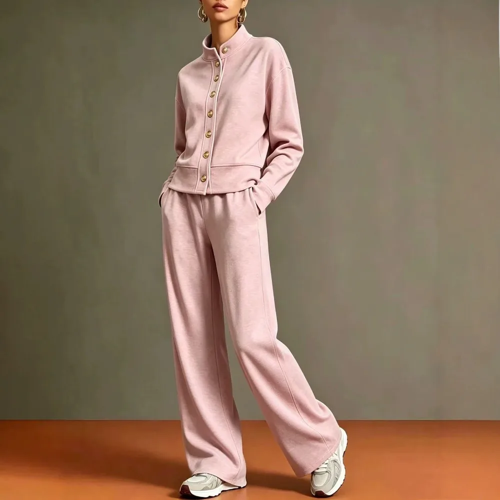 Women's 2-piece Sets Solid Button Bomber Jacket Sweatshirt High-waisted Straight Trousers Set Autumn Winter Loose Pants Suit