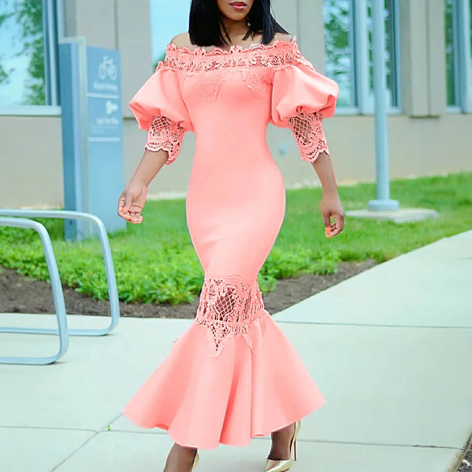 

Elegant Party Dress Women Fashion Off Shoulder Slash Neck Lace Splicing ​​hollow Lantern Sleeves Slim Solid Color Fishtail Skirt